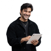 A smiling man interacts with a tablet, dressed in a black jacket, highlighting modern technology and engagement in daily activities. png
