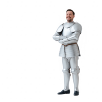 A smiling man dressed in medieval knight armor stands confidently with arms crossed, showcasing a blend of history and modernity against a white isolated background. png