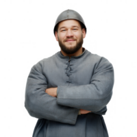 A smiling man wearing a historical grey tunic and helmet, standing confidently with arms crossed against a white isolated background. png