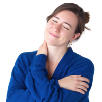 A smiling woman in a cozy blue sweater gently embraces herself, conveying a sense of warmth and self-love, set against a transparent background. png