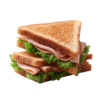 A stacked sandwich featuring fresh lettuce and slices of ham between two toasted bread slices on a white isolated background. png