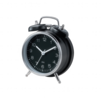 A stylish black alarm clock with a classic design, featuring a round face and a shiny metallic finish. Ideal for home decor and time management. png
