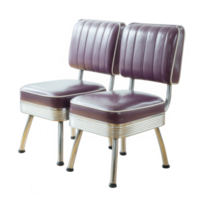 A stylish pair of vintage diner chairs with purple upholstery and chrome legs, perfect for a retro-themed space or as unique decor elements in any setting. png