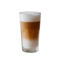 A tantalizing glass of latte featuring rich, creamy layers of coffee, milk, and foam, set against a white isolated background. png