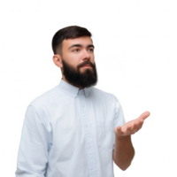 A thoughtful man with a beard, dressed in a light blue shirt, appears pondering as he gestures with his hand. Isolated on a white background. png