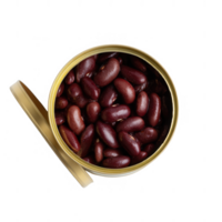 A top view of a can filled with red kidney beans on a white isolated background. The can's lid is slightly open, showcasing the rich, glossy beans inside. png