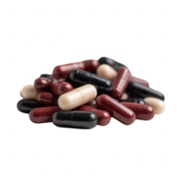A variety of colorful capsules scattered on a white isolated background. Perfect for concepts related to health, medicine, or wellness. png