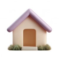 A whimsical house with a pastel-colored roof and minimalistic design, surrounded by soft, green vegetation, set against a white isolated background. png