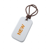 A white tag with a brown string featuring the word 'NEW' in bold orange letters, ideal for labeling new items or promotions against a clean, white background. png