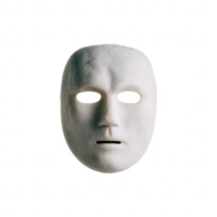 A white ceramic mask with hollow eyes and a neutral expression. Isolated against a white background, showcasing its smooth surface and simplistic design. png