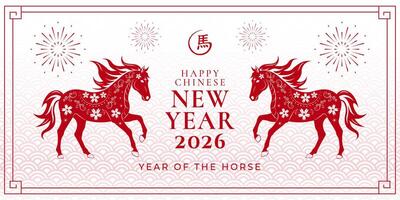 Chinese new year 2026 banner with decorative floral horses, traditional patterns, fireworks and red white color scheme, flat oriental style. Perfect for posters, website design, social media. vector