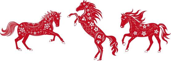 Set of elegant red horses with floral ornaments for Chinese New Year 2026. Festive illustration, flat graphic style. Perfect for greeting cards, posters, invitations, web and prints. vector