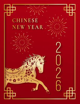 Chinese New Year 2026 poster with golden horse and fireworks in paper cut style on red background, traditional festive illustration in red and gold for greeting card, print, social media, and banner.