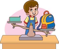 little boy uses scales to measure the weight of different objects vector
