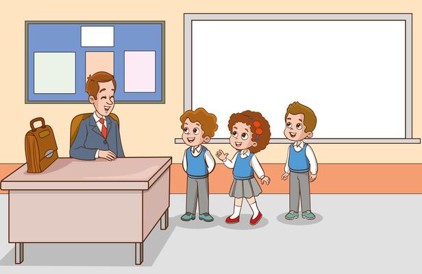 Teacher and students are talking in the classroom. Primary school children