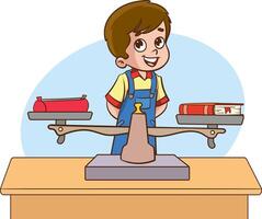 cute boy uses scales to measure the weight of different objects vector
