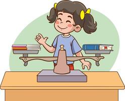 little child uses scales to measure the weight of different objects vector