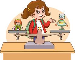 little girl uses scales to measure the weight of different objects vector