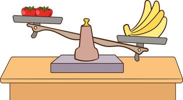 using a weighing scale to balance bananas and tomatoes vector
