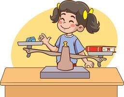 cute girl uses scales to measure the weight of different objects vector