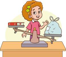 girl uses scales to measure the weight of different objects vector