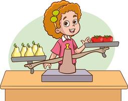little children uses scales to measure the weight of different objects vector