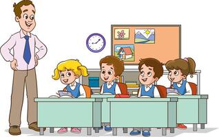 Classroom with students and teacher. Lesson vector