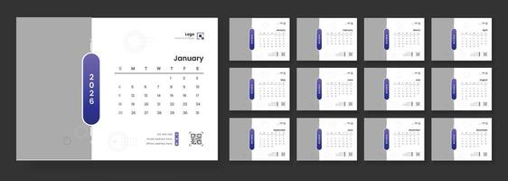 New Year 2026 table calendar. Desk Calendar 2026 template. Calendar template for 2026 with week start on Sunday. Planner simple, Stationery, printing media, . vector