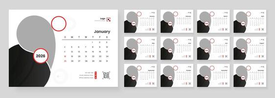 2026 Calendar Planner Set of Template Monthly Page. Minimalist desk calendar 2026 template. Week Starts on Sunday. vector