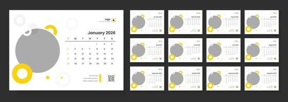 Minimalist desk calendar 2026 template, Desk Calendar Template 2026, Desk calendar with week start Sunday for print. vector