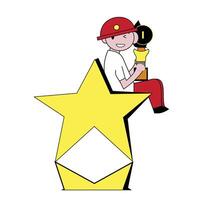 A cartoon boy sitting on a star with a trophy vector