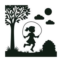 Child Playing with Jump Rope Silhouette Under a Tree vector