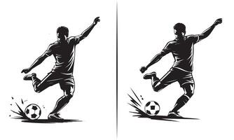 Silhouette of Soccer Player Kicking Ball, Dynamic Action Illustration in Black and White vector