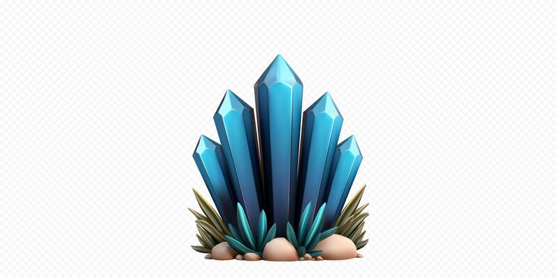 Blue crystal cluster surrounded by greenery and stones in a natural setting during daylight
