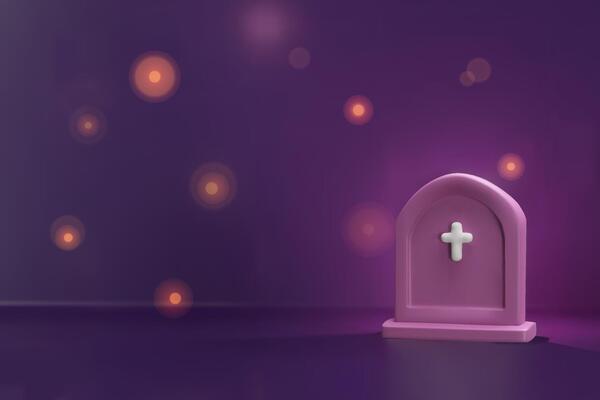 3D Halloween illustration with a glowing purple gravestone and spooky floating lights. Grave is for seasonal banners, invitations, or eerie background decoration. Mystery decoration of tombstone