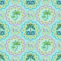 Tropical Palm and Floral Seamless Pattern. Bright Island Vibes. tropical palm trees and floral motifs in circular layouts. Great for summer projects, beach themes, and fabric design. vector