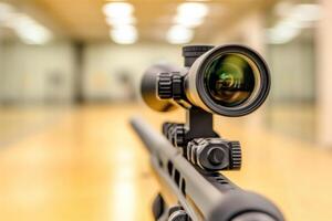 Precision Rifle Shooting A View of a High Powered Rifle Scope at an Indoor Shooting Range. The image showcases the focus, accuracy, and precision required in competitive shooting sports. photo