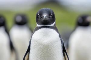 of a curious penguin, standing out from the crowd. A captivating wildlife image showcasing the beauty of nature and the unique charm of these flightless birds. Discover the wonders of the Antarctic. photo