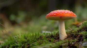 Enthralling Red Mushroom in Mossy Forest A Captivating of Nature's Beauty. Discover the vibrant colors and intricate details of this fascinating fungus in its natural woodland habitat. photo