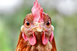 Portrait of a Hen A Captivating Look at a Farm Bird. This detailed image showcases the intricate features of a hen, from its vibrant comb to its expressive eyes. photo