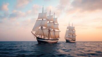 Majestic Sailing Ships at Sunset A Captivating Voyage on the Open Ocean. Witness the serene beauty of classic sailing vessels as t photo