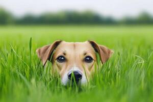 Adorable Dog Hiding in the Grass A Captivating Image of Canine Joy and Playfulness in a Lush Green Field. Perfect for pet lovers a photo