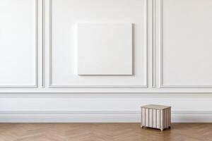 Modern Minimalist Interior Design White Walls, Wooden Floor, and Elegant Decor. A Clean and Simple Aesthetic with a Blank Canvas for Artwork. photo