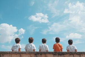 Five Boys Sitting on a Wall, Looking at the Sky. A Serene and Dreamy Image of Childhood, Friendship, and Summer Fun. photo