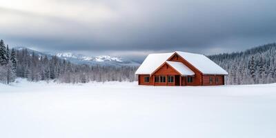 Secluded Log Cabin in Snowy Mountains A Winter Wonderland Escape. Perfect for a peaceful getaway, this cozy cabin offers stunning photo