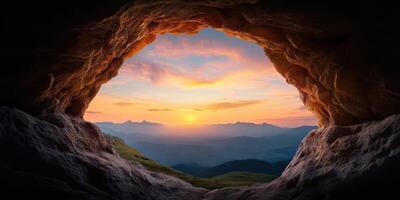 Majestic Sunset View from a Cave Breathtaking Mountain Panorama at Golden Hour. Peaceful nature scene, scenic landscape, tranquil vista, rocks, stones, hills, and valleys. photo