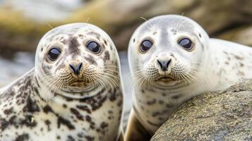 Adorable Seal Pups A captivating wildlife photo of two cute harbor seal pups on a rocky shore. Their curious eyes and charming exp