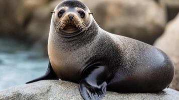 Magnificent Seal on a Rocky Coast A Stunning Wildlife Photography Masterpiece. This captivating image showcases a seal in its natural habitat, amidst the rugged beauty of the ocean's edge. photo