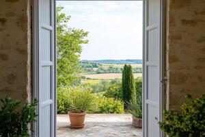 Serene Countryside View from Open Door Picturesque Landscape Photography photo