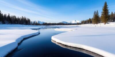 Majestic Winter Landscape Serene River Flows Through Snow Covered Valley, Surrounded by Towering Mountains and Lush Pine Trees. A Breathtaking View of Nature's Beauty in the Cold Season photo